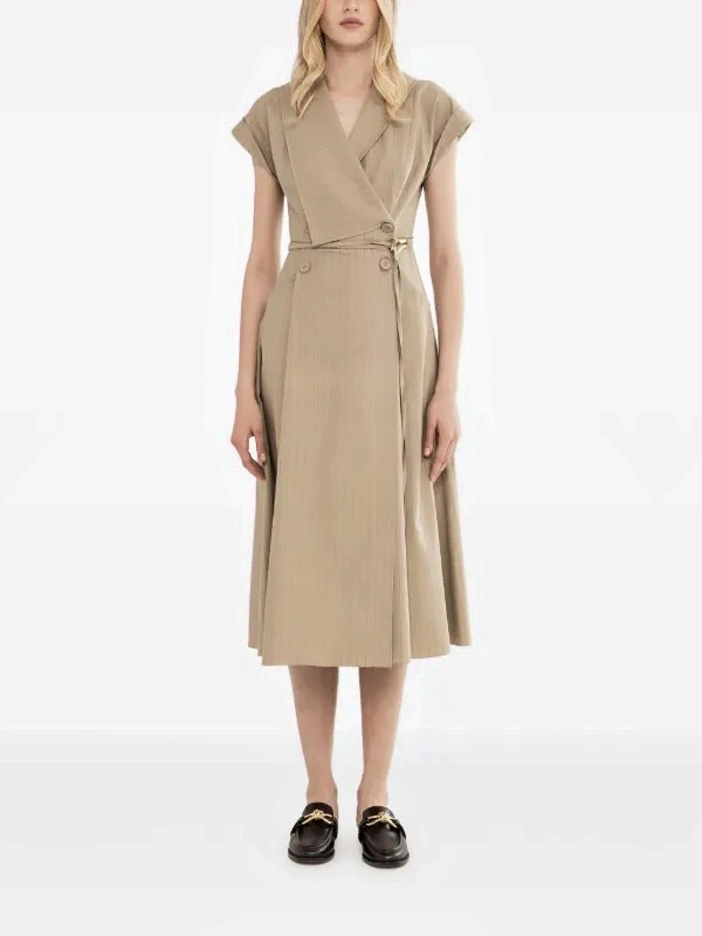 NISSA Striped Midi Wrap Dress in Beige Size 6 NWT